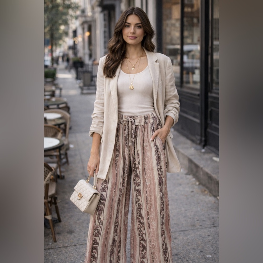 First Love Beige and Brown Wide-Leg Pants